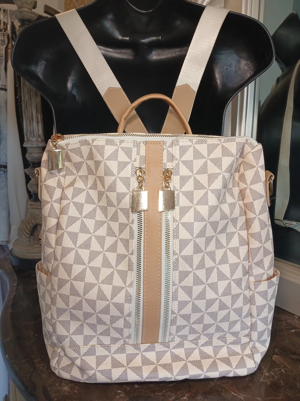 Geometric-Print Women's Backpack Tote - Cream/Tan